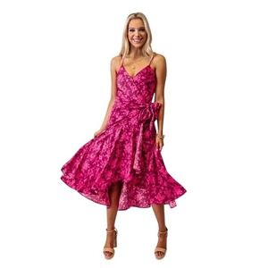 Dee Elly Pink Floral Wrap Midi Dress Womens Large High Low Ruffle Hem Cocktail